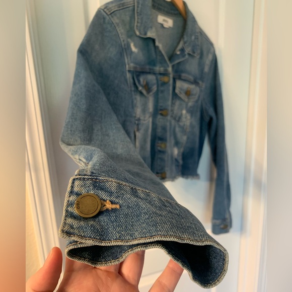 Just Black Denim Dark Wash Semi Destroyed Jean Jacket Front Pockets Crop - Large - Picture 2 of 10